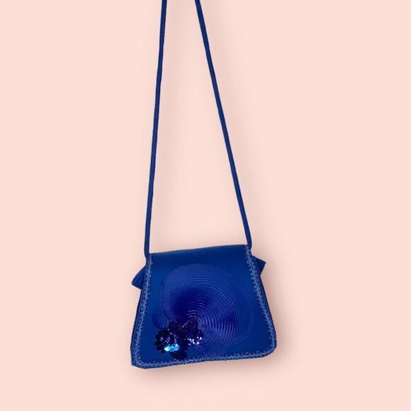 Vintage unique blue felt embellish crossbody handbag purse flap top medium - Picture 1 of 11